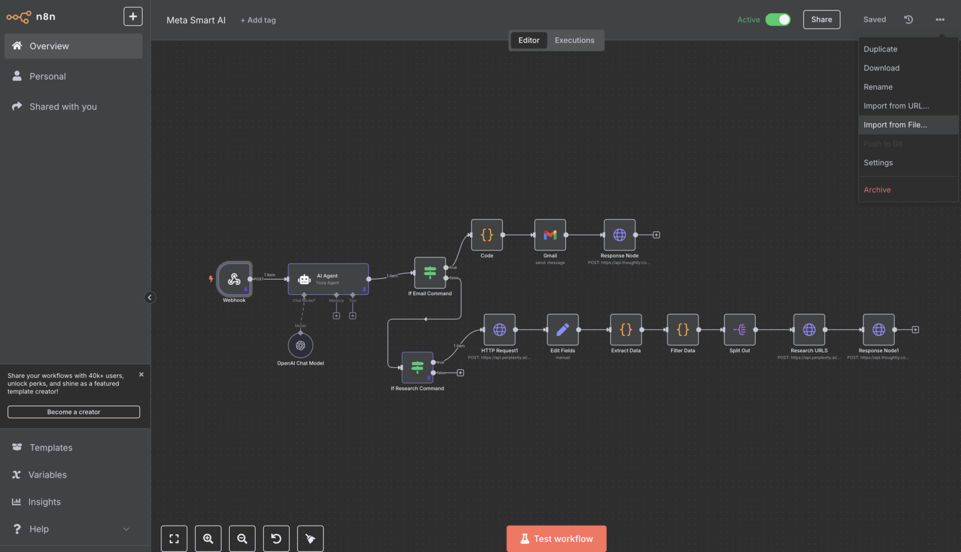 Screenshot 2025-05-13 at 92205 AM Digital Reach, N8n workflow for Meta AI smart glasses, showing nodes for email, HTTP requests, data processing, and AI agent integration.